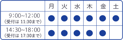 午前中、月から土曜日9時から12時まで、午後は月から金曜日14時30分から18時まで